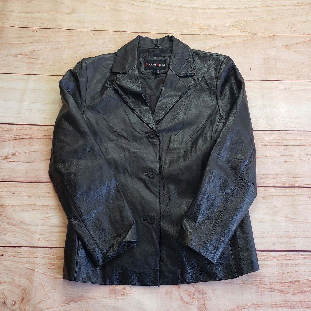 Juliano Celini Leather Blazer Jacket Womens Large‎ Black 3 Button Classic Coat